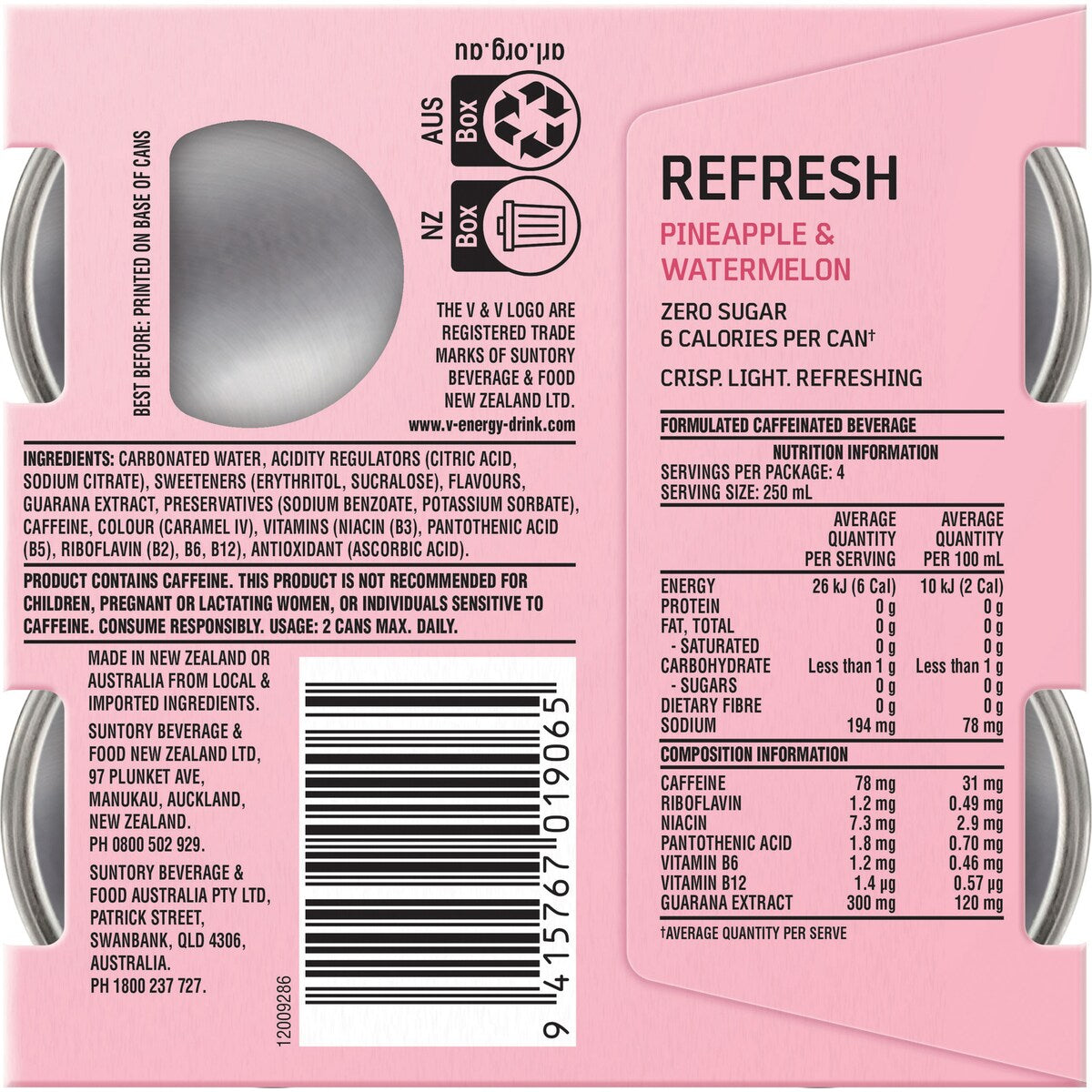 V Energy Refresh Pineapple & Watermelon Zero Sugar Cans 250ml x4 Pack