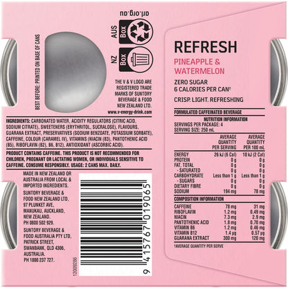 V Energy Refresh Pineapple & Watermelon Zero Sugar Cans 250ml X 4 Pack