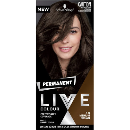 Schwarzkopf Live Colour Brown Hair Dye 4.0 Medium Brown Permanent each