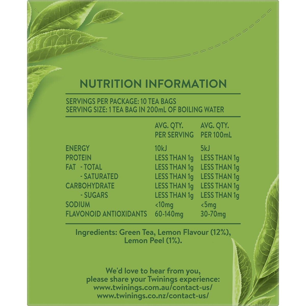 Twinings Green Tea & Lemon Tea Bags 10 pack