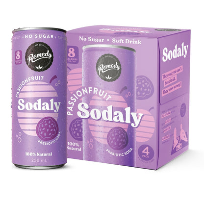 Remedy Passionfruit Sodaly Prebiotic Soda No Sugar Cans 250ml X 4 Pack