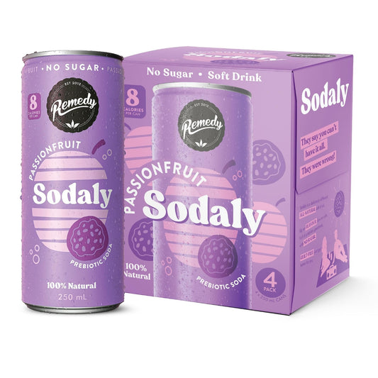 Remedy Passionfruit Sodaly Prebiotic Soda No Sugar Cans 250ml X 4 Pack