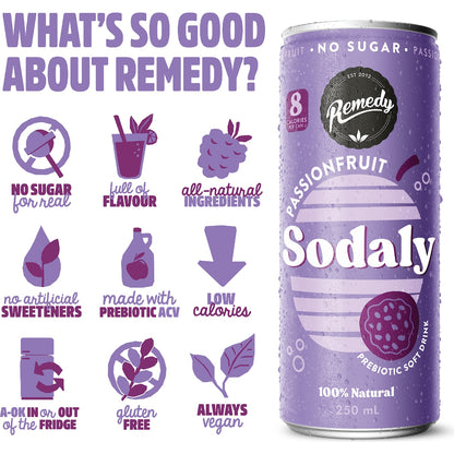 Remedy Passionfruit Sodaly Prebiotic Soda No Sugar Cans 250ml X 4 Pack