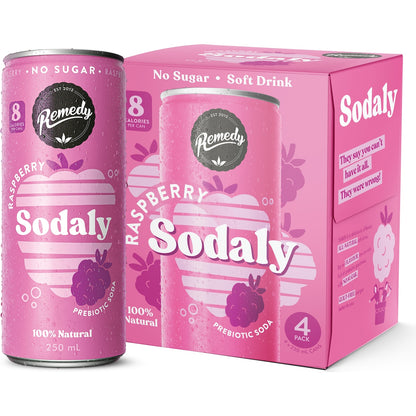Remedy Raspberry Sodaly Prebiotic Soda No Sugar Cans 250ml X 4 Pack