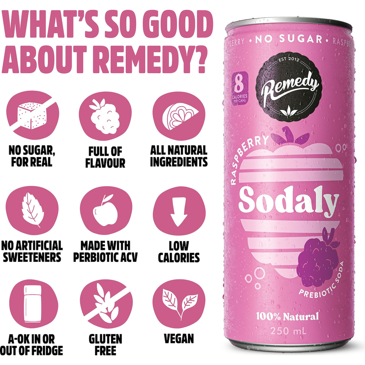 Remedy Raspberry Sodaly Prebiotic Soda No Sugar Cans 250ml X 4 Pack