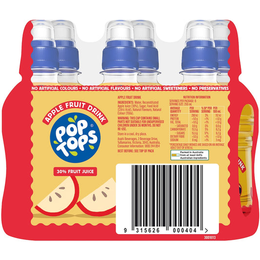 Pop Tops Fruit Drink Apple Poppers Multipack Lunch Box Bottles 250mL x 6 pack