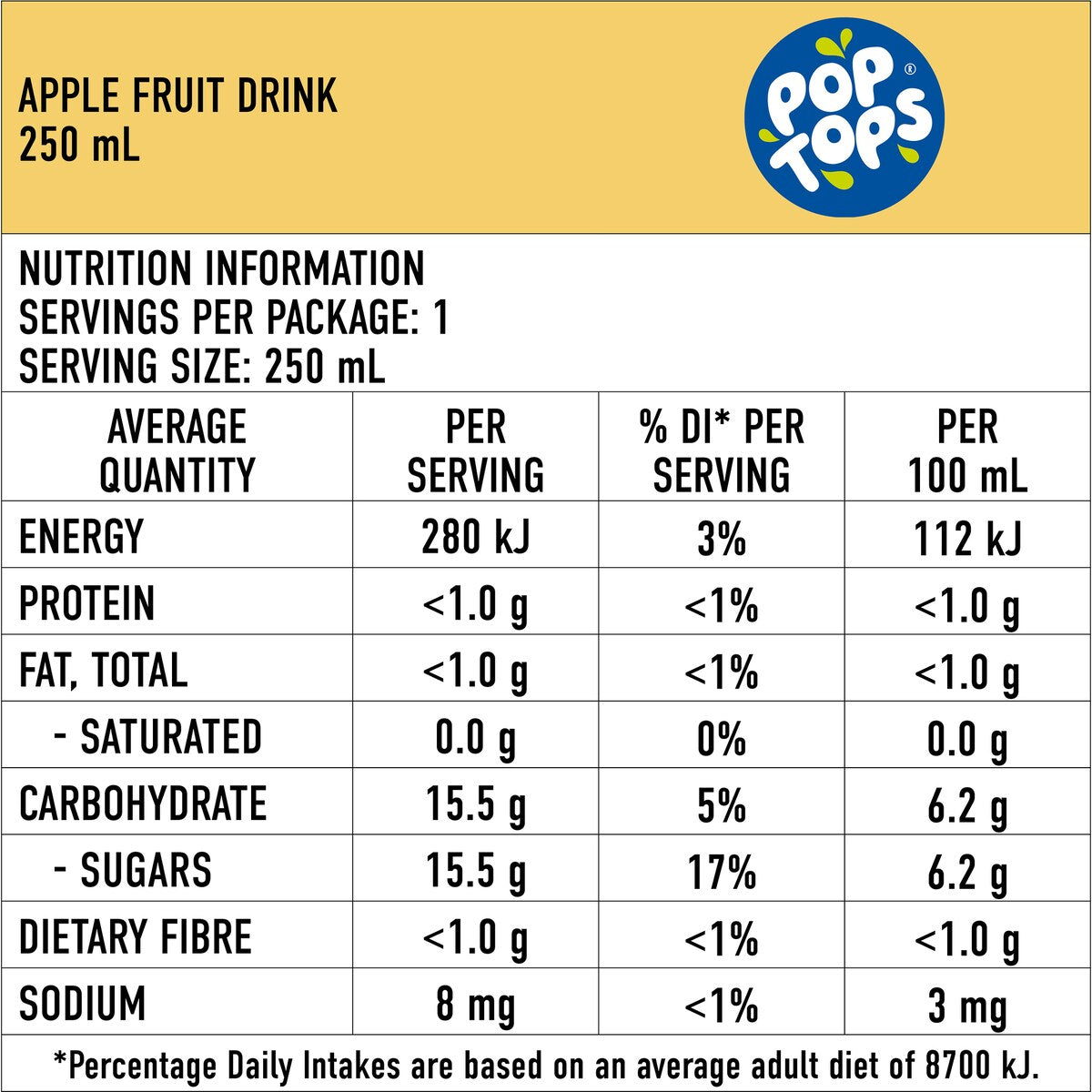 Pop Tops Fruit Drink Apple Poppers Multipack Lunch Box Bottles 250mL x 6 pack