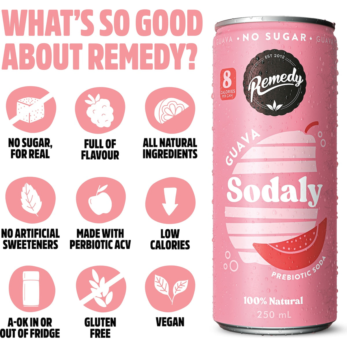 Remedy Guava Sodaly Prebiotic Soda Cans 250ml X 4 Pack