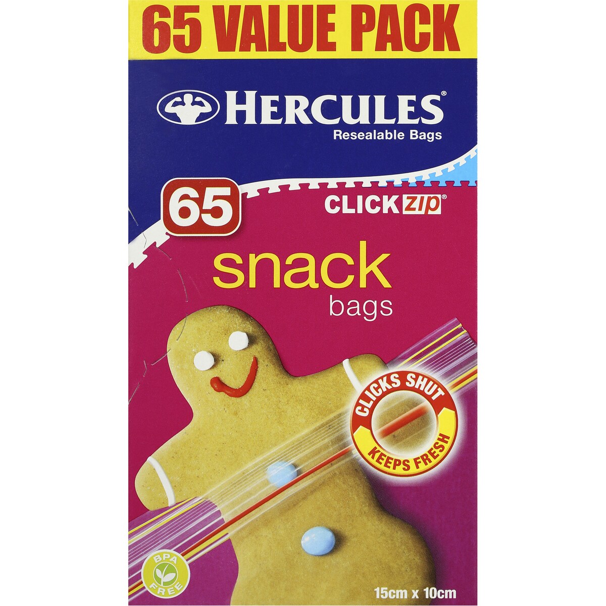 Hercules Click Zip Resealable Snack Size Sandwich Bags 65 pack