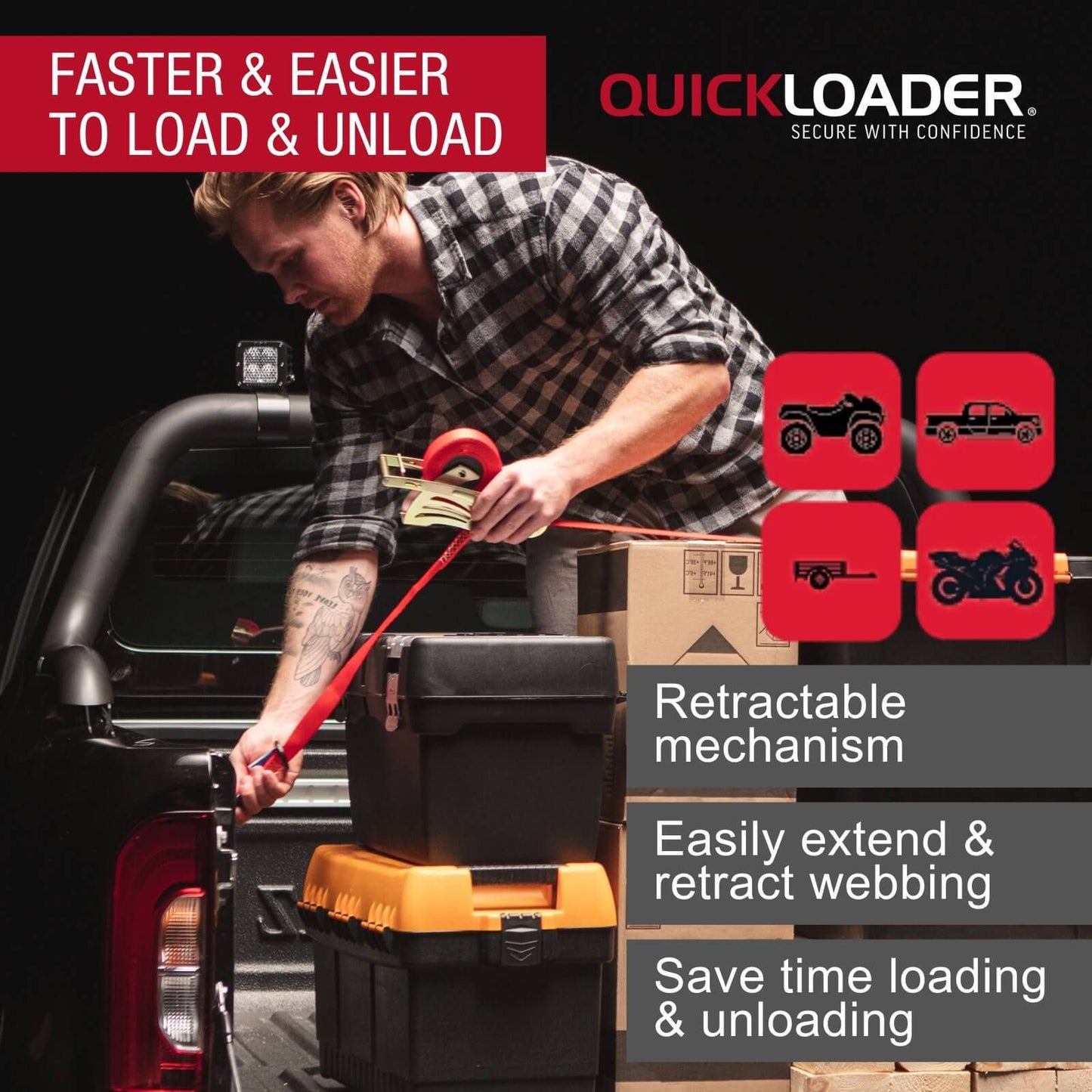 Quickloader Retractable Ratchet Strap Tie Down - 5m x 35mm - 1000kg - 2 Pack - Red