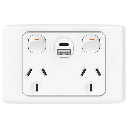 Deta Double Pole Double Power Point with USB A+C - 50 x 74 x 115mm