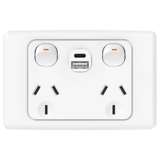 Deta Double Pole Double Power Point with USB A+C - 50 x 74 x 115mm