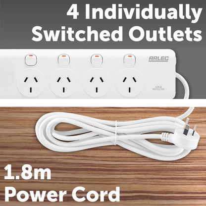 Arlec Surge Powerboard - 4 Outlet - 1.8m - White