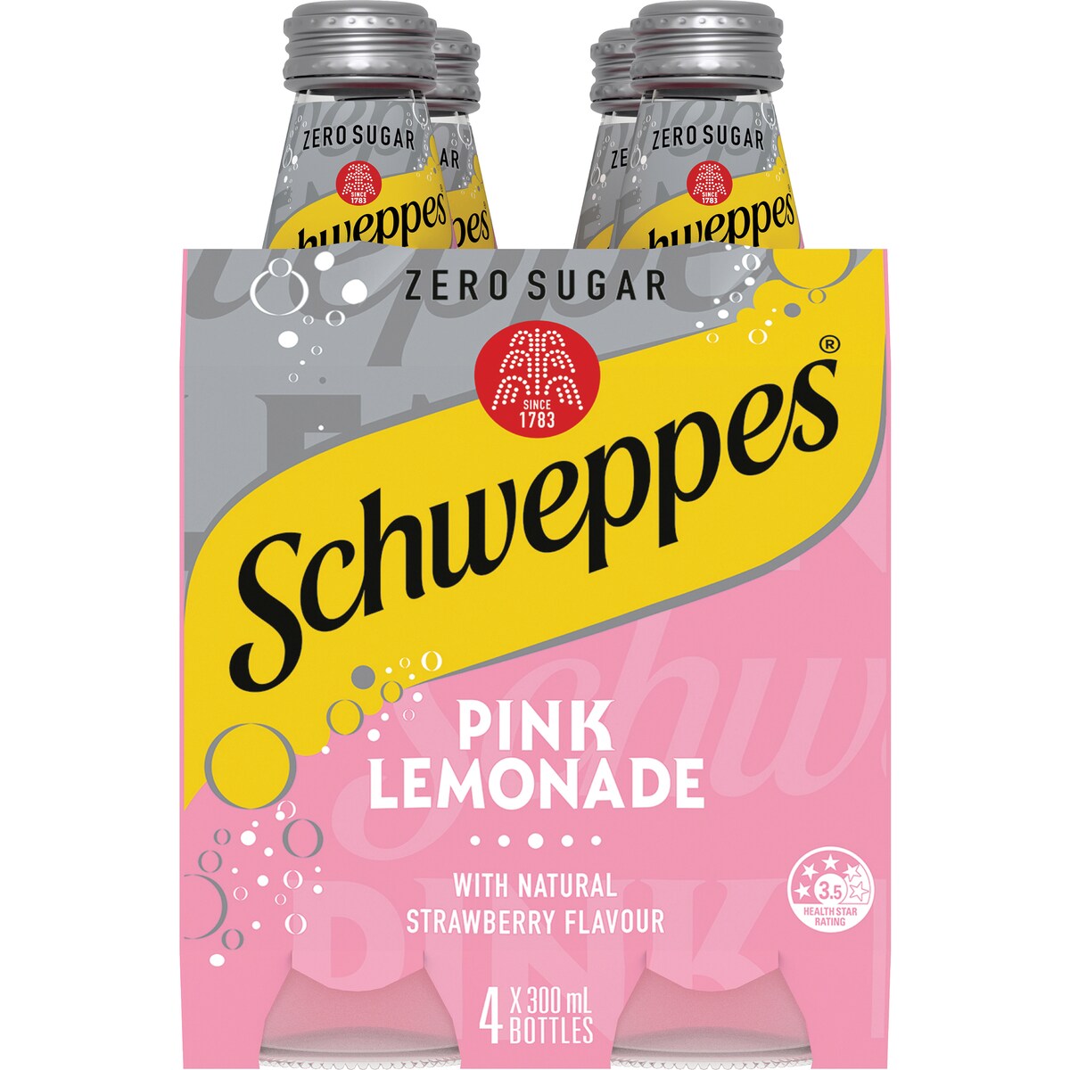 Schweppes Zero Sugar Pink Lemonade Soft Drink Bottles Glass Multipack 300mL x 4 pack