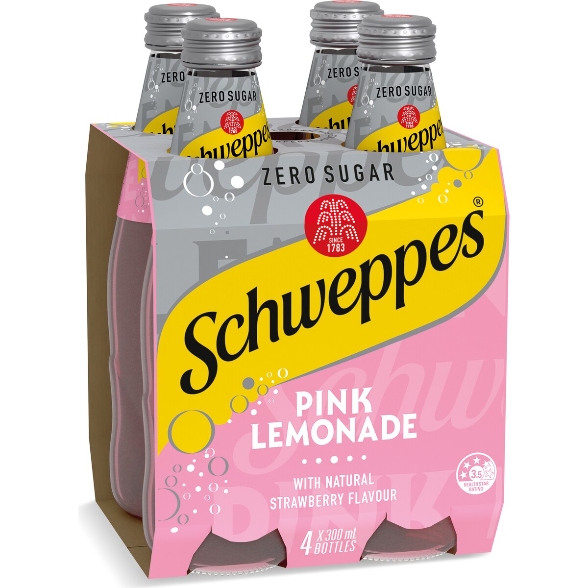Schweppes Zero Sugar Pink Lemonade Soft Drink Bottles Glass Multipack 300mL x 4 pack