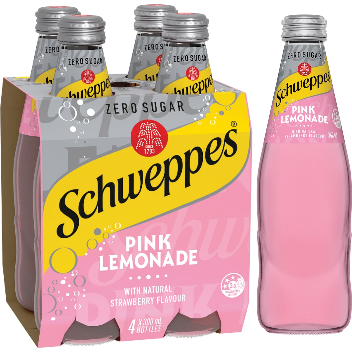 Schweppes Zero Sugar Pink Lemonade Soft Drink Bottles Glass Multipack 300mL x 4 pack
