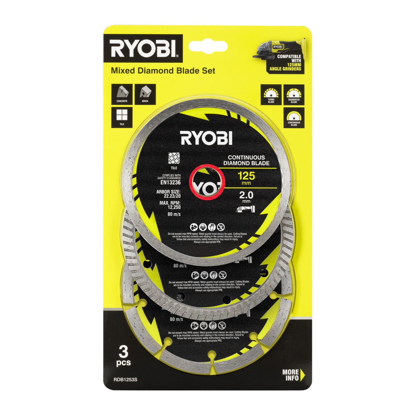 Ryobi Mixed Diamond Blade Set - 125mm - 3 Piece