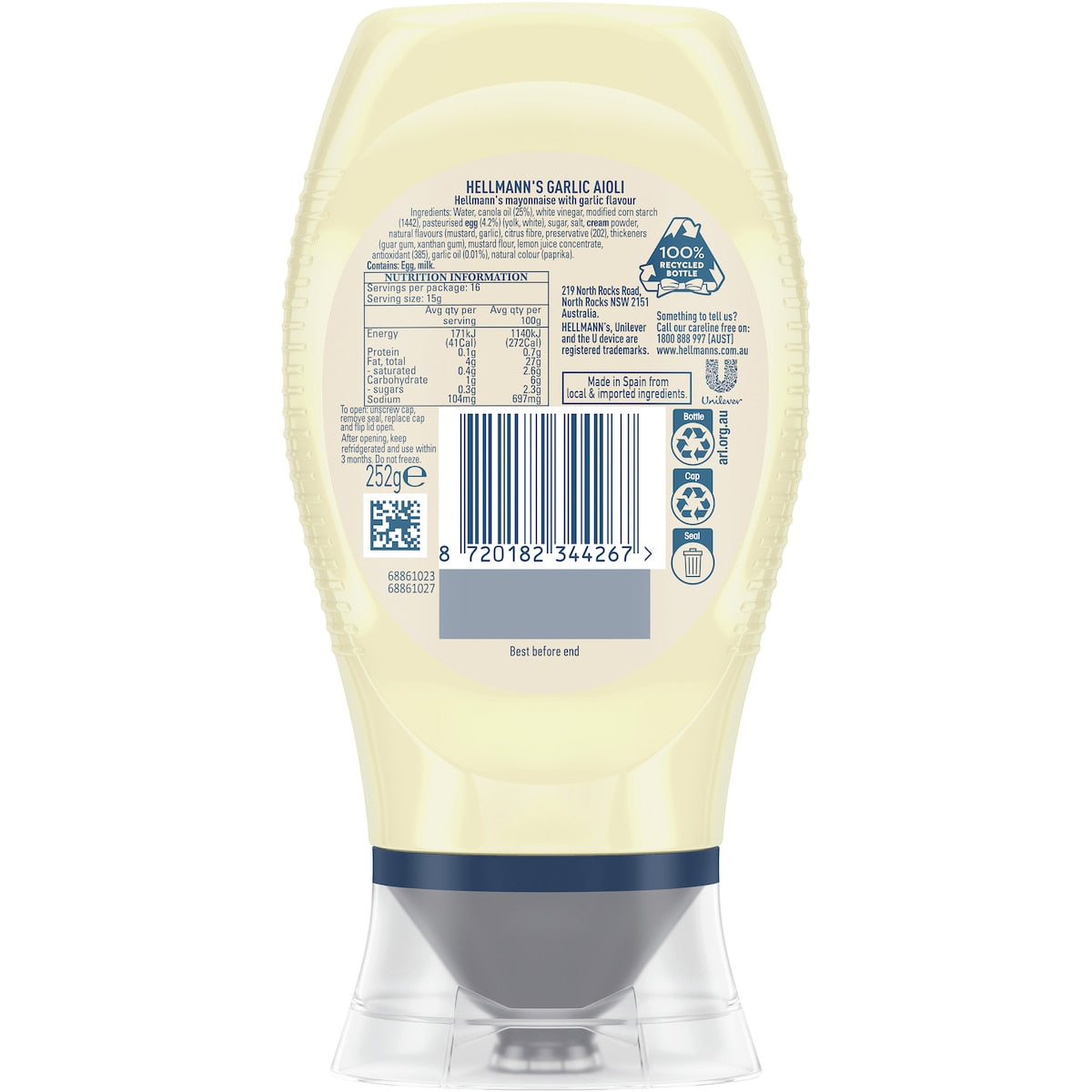 Hellmanns Garlic Aioli Squeeze Mayo 252g