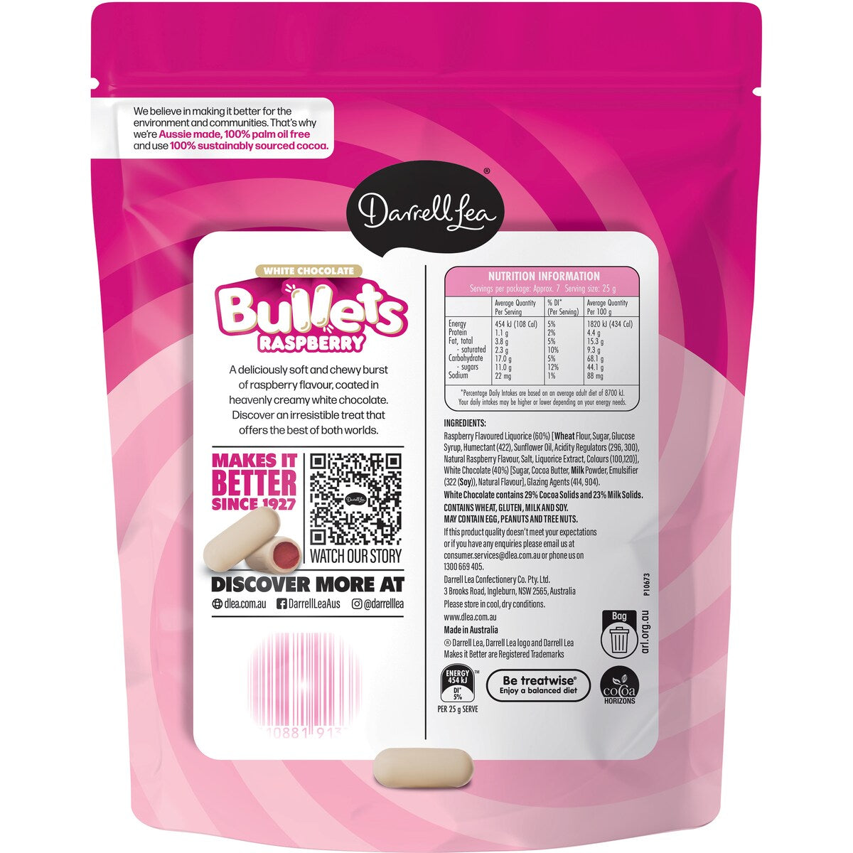 Darrell Lea White Chocolate Raspberry Bullets Share Bag 180g