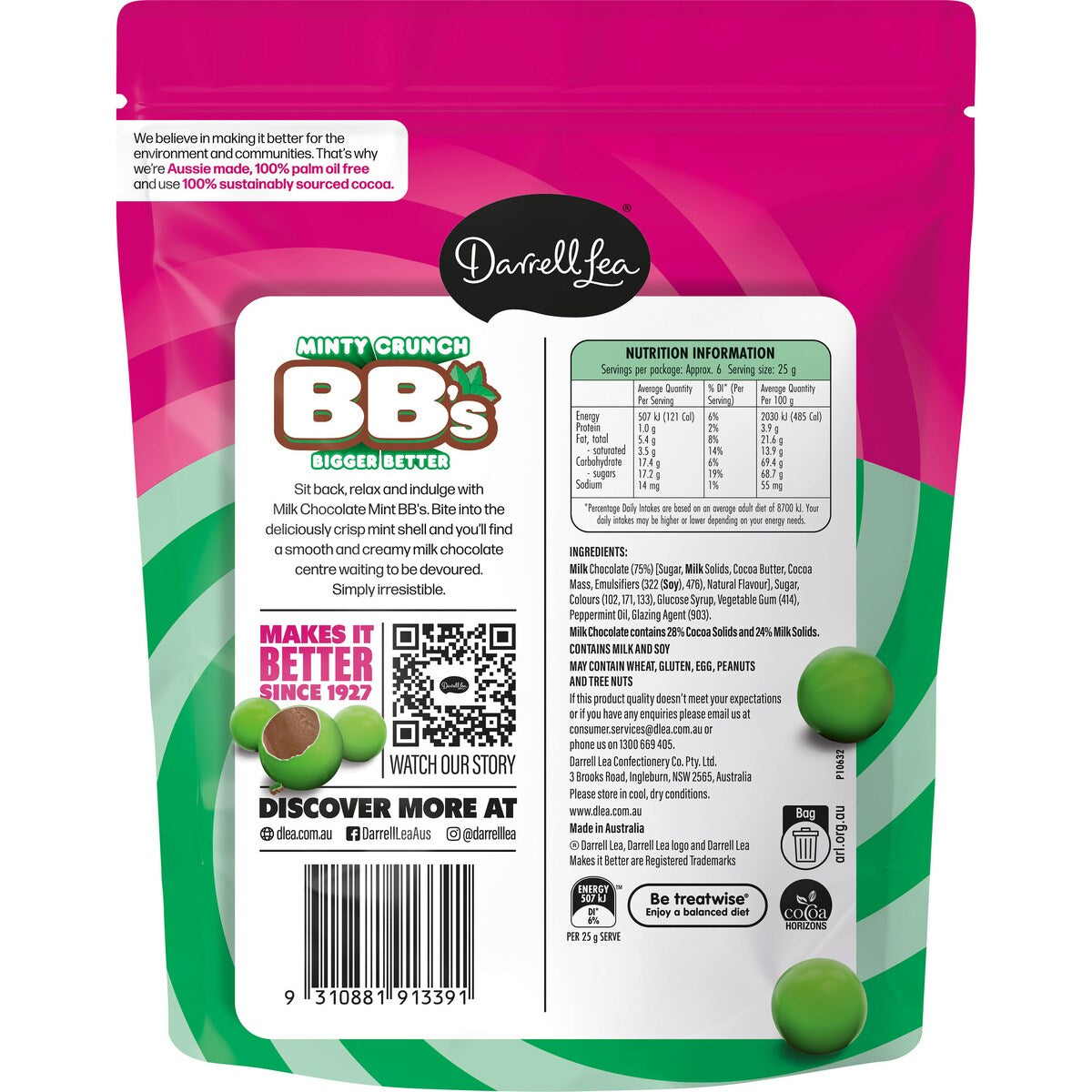 Darrell Lea Minty Crunchy Chocolate Balls Share Bag 168g