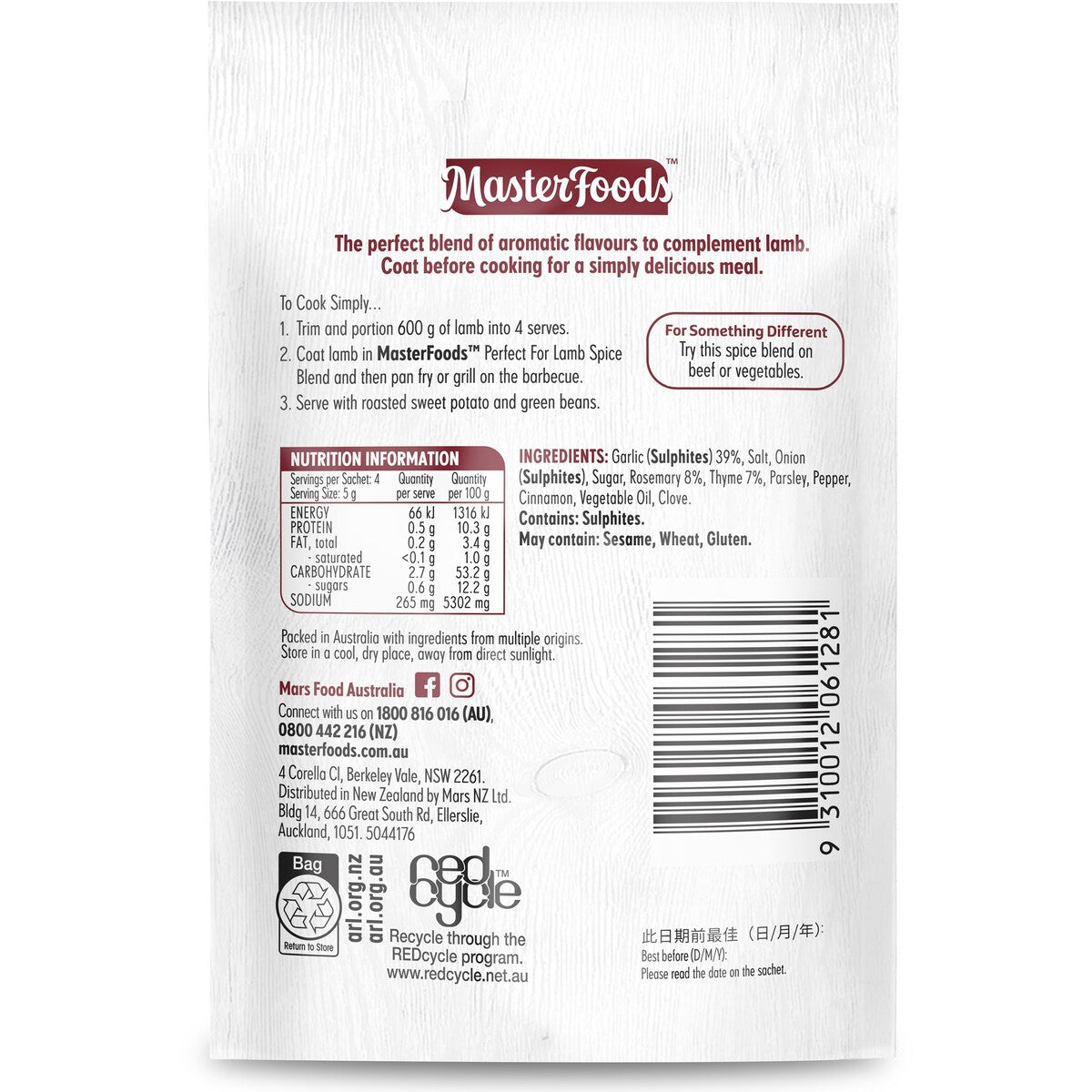 MasterFoods Perfect For Lamb Spice Blend 20g