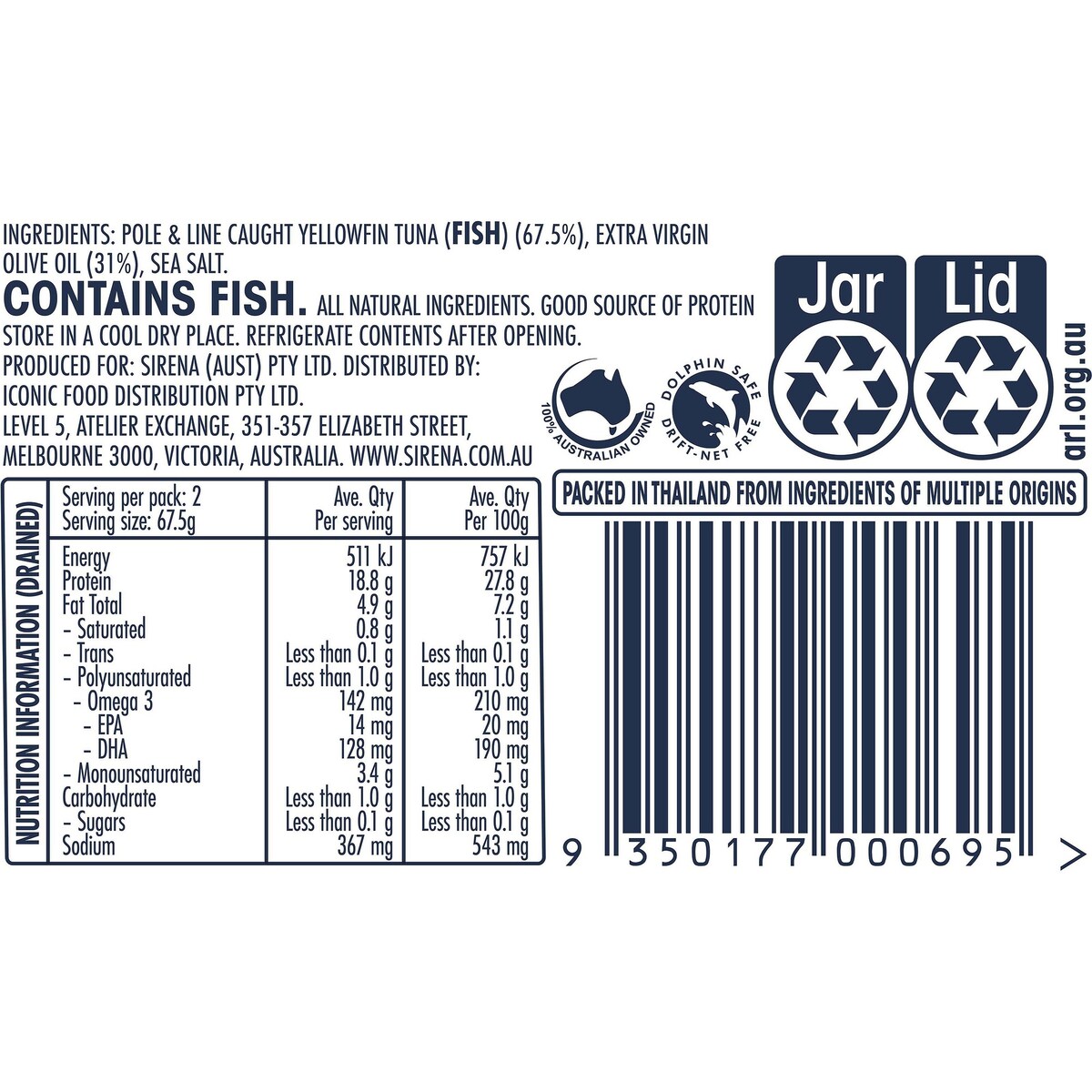 Sirena Tuna Fillets In Extra Virgin Olive Oil 200g