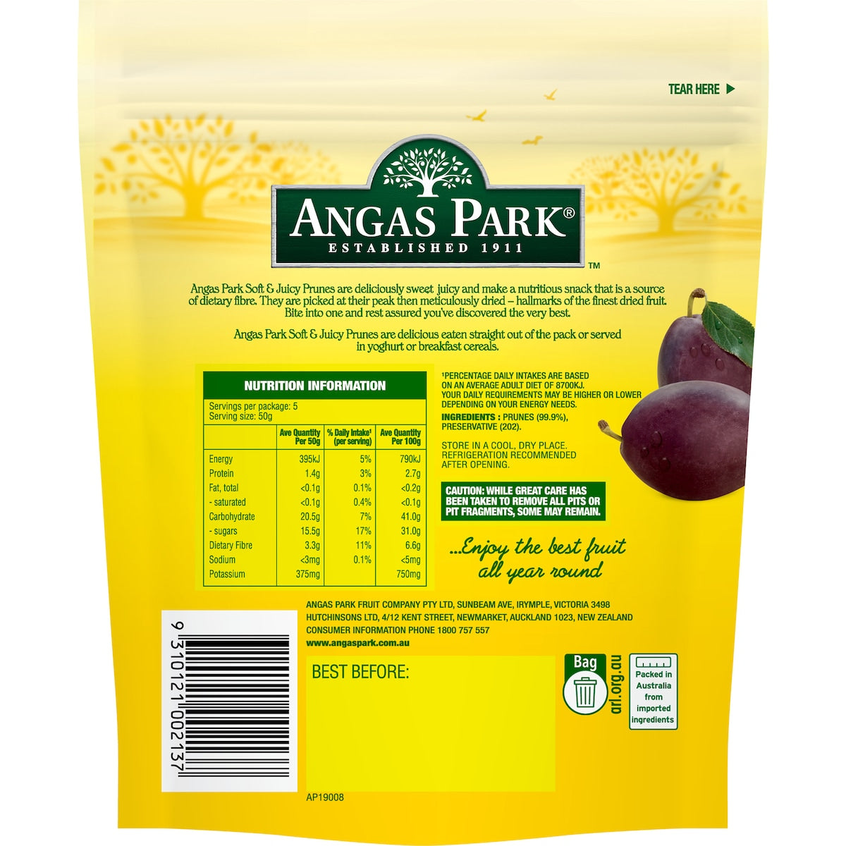 Angas Park Soft & Juice Pitted Prunes 250g
