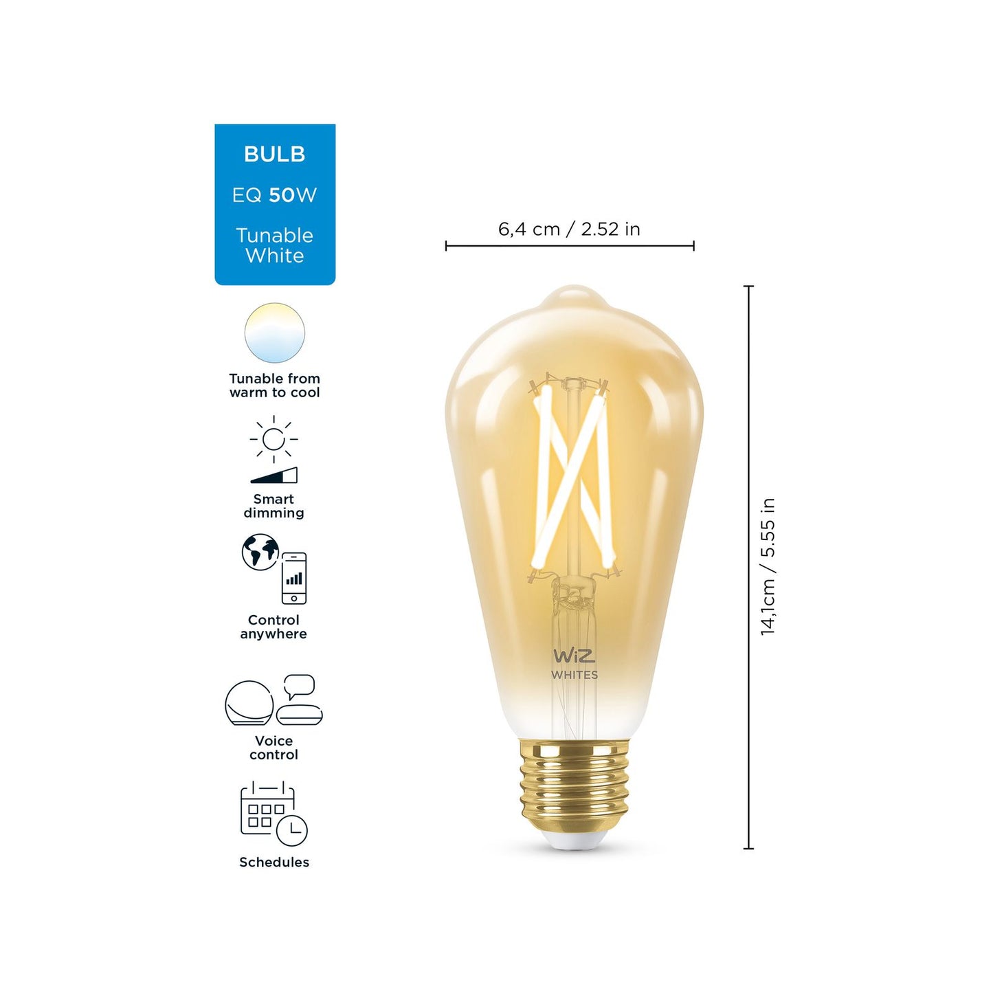 Wiz ST64 E27 LED Smart Filament Globe - 7W - 640lm - Tunable White