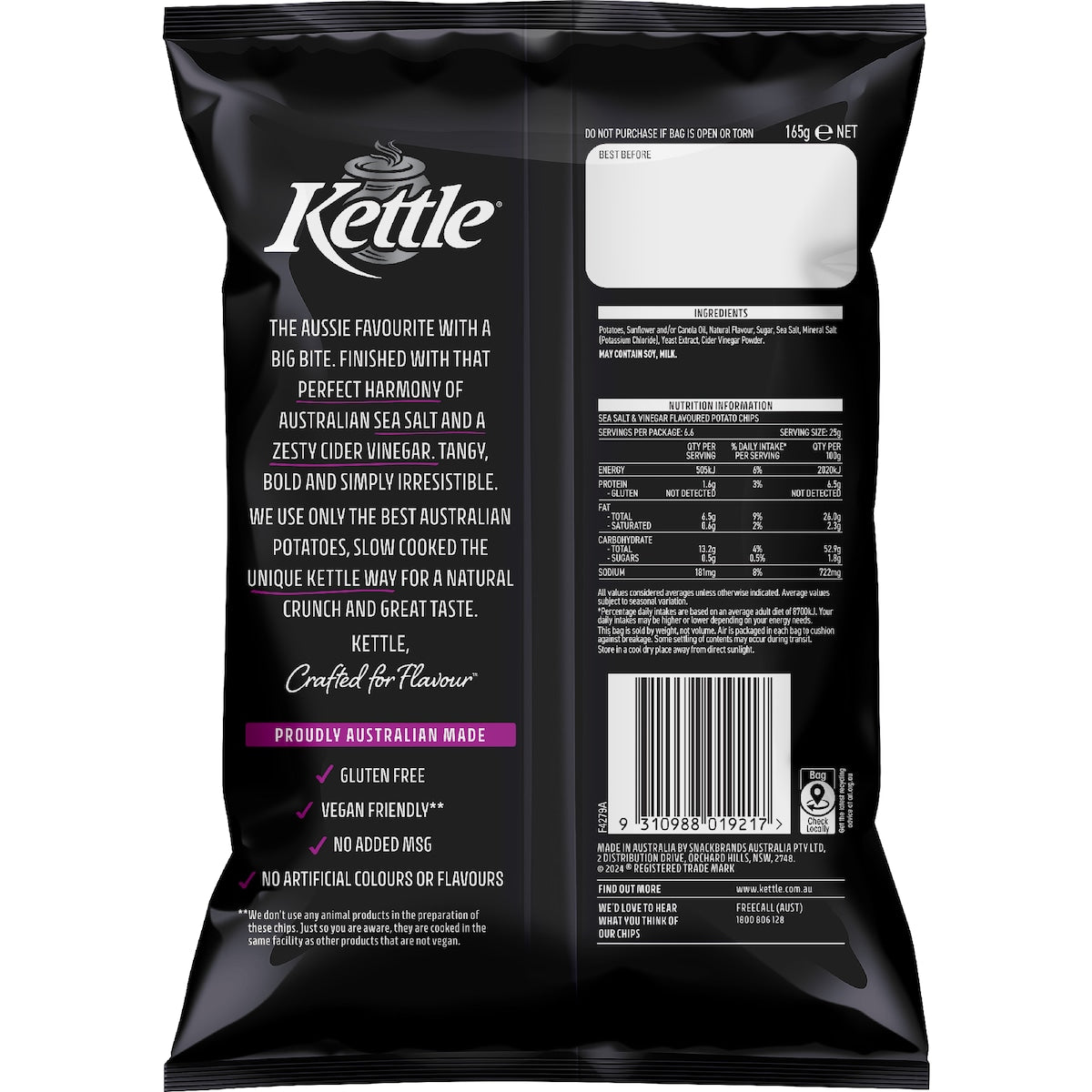 Kettle Sea Salt & Vinegar Potato Chips 165g
