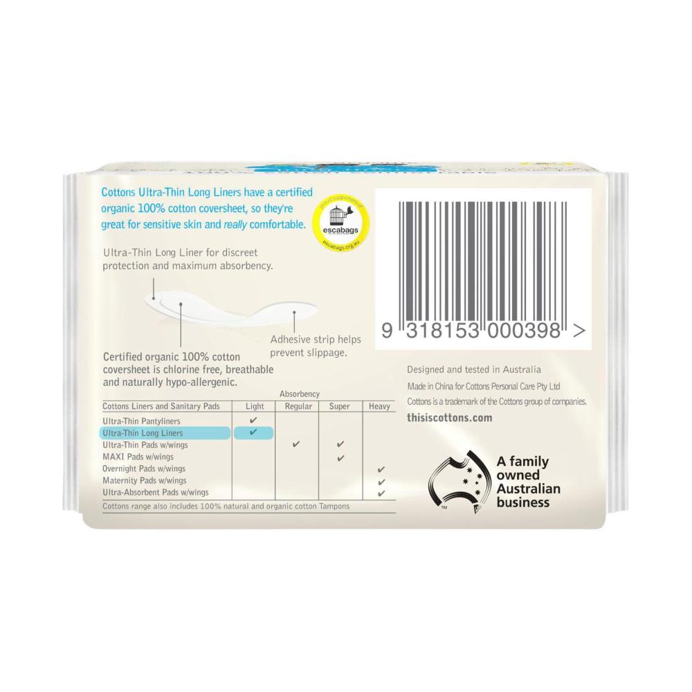 Cottons Organic Long Panty Liners - 32 pack