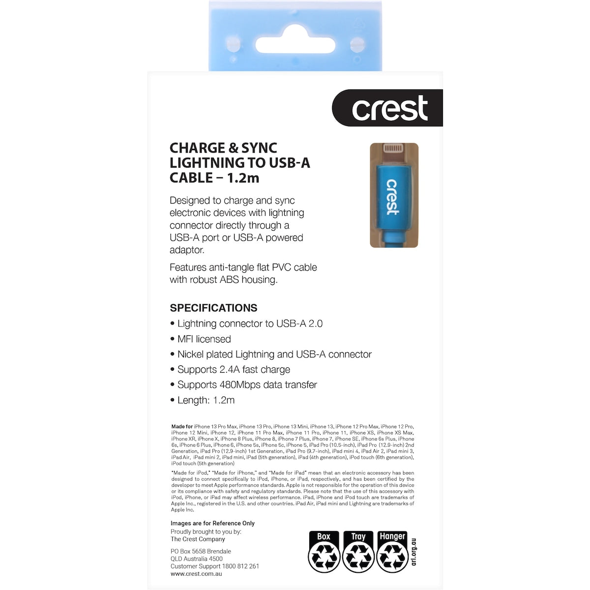 Crest Lightning To Usb A Flat Cable 1.2m Each