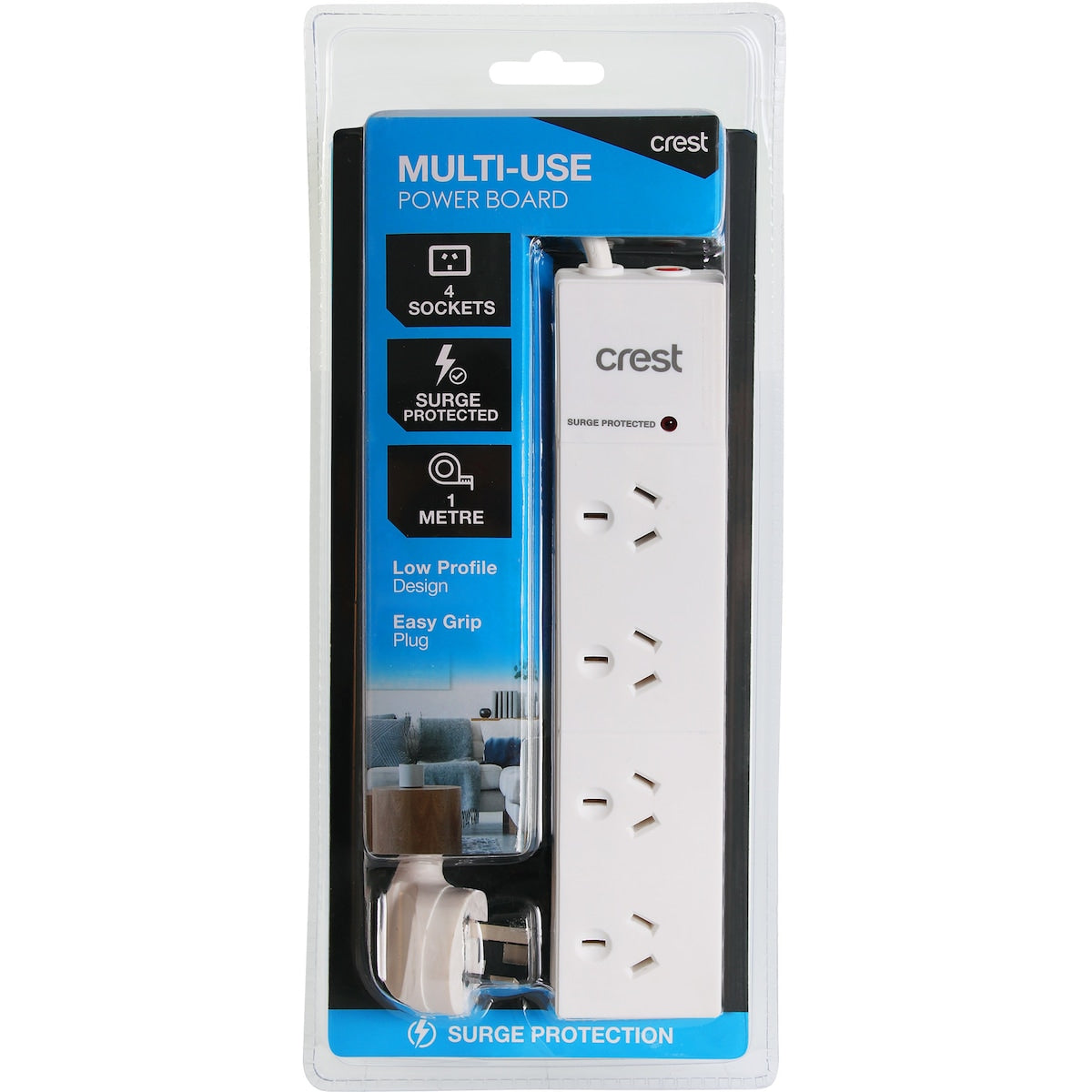 Crest 4 Way Power Board With Surge 1m