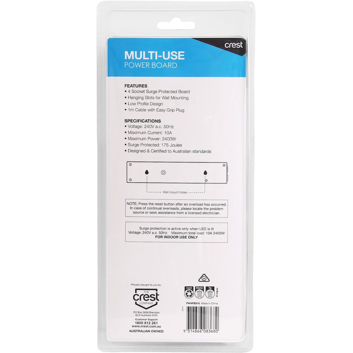 Crest 4 Way Power Board With Surge 1m