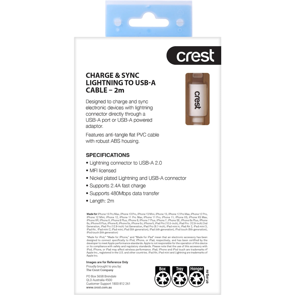Crest Lightning To Usb A Flat Cable White 2m Each