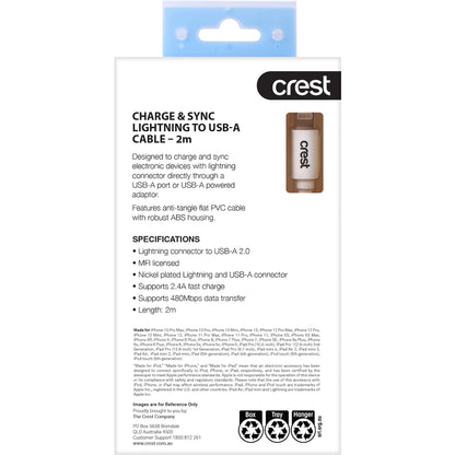 Crest Lightning To Usb A Flat Cable White 2m Each