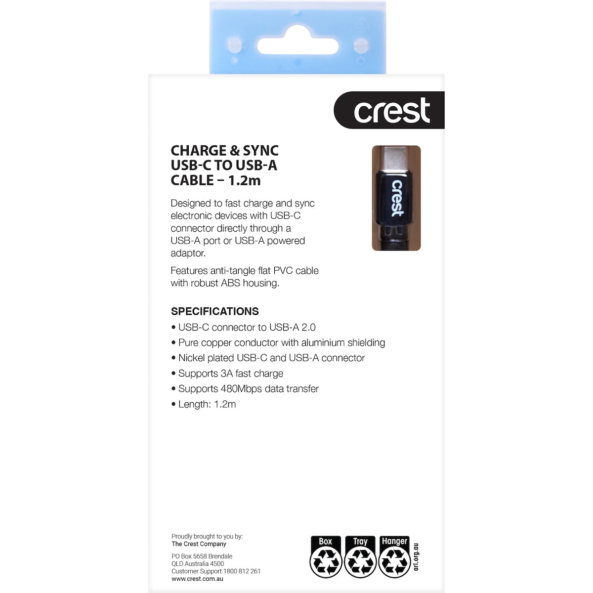 Crest Usb C To Usb A Flat Cable Black 1.2m Each