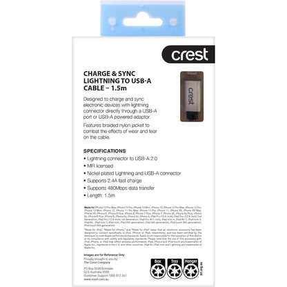 Crest Lightning To Usb A Braided Cable Assorted 1.5m Each