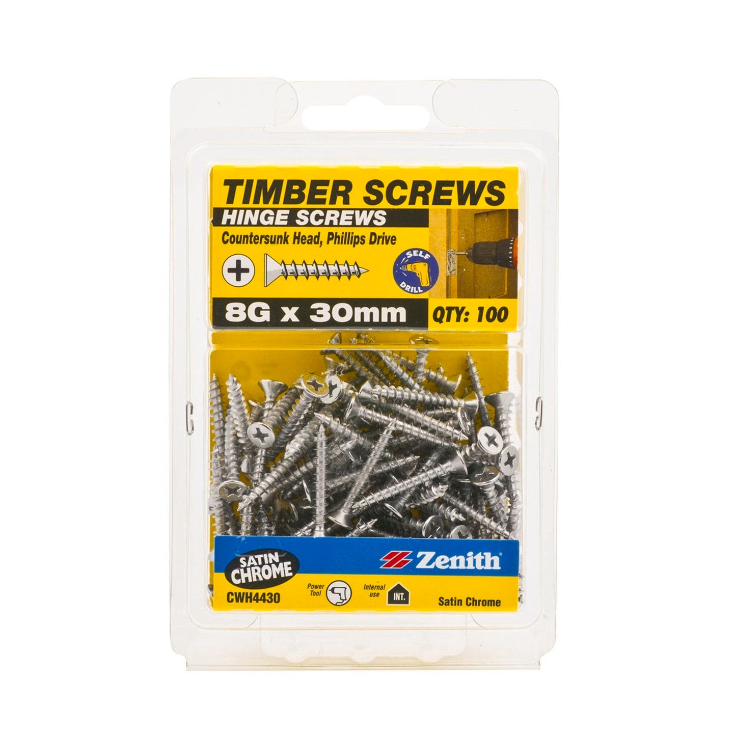 Zenith Timber Screws - 8g x 30mm - Satin Chrome - 100 Pack