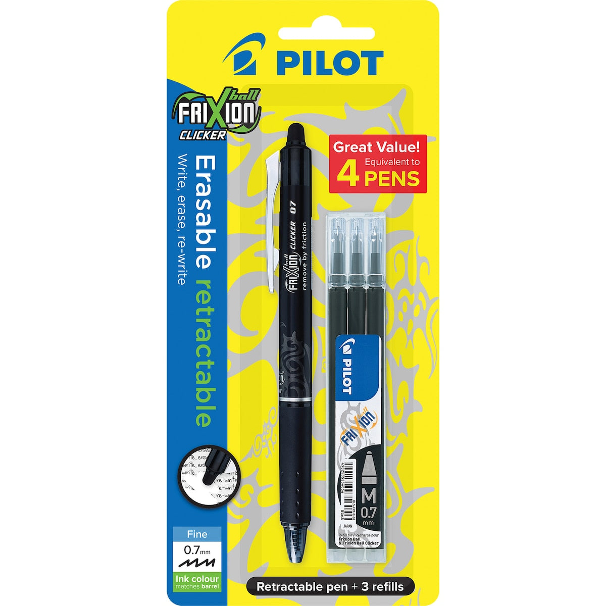 Pilot Frixion Erasable Retractable Gel Pen 0.7mm Black +3 Refills Each