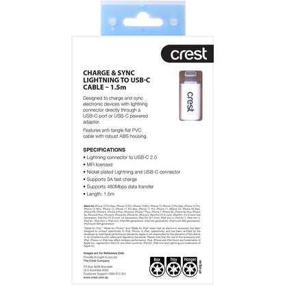 Crest Lightning To Usb-c 1.5m Flat Cable Each
