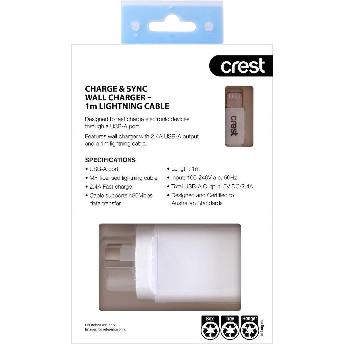 Crest Lightning Usb-a Wall Charger & Cable 1m Each