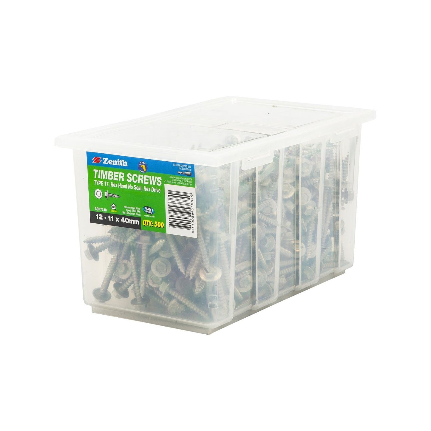Zenith Galvanised Hex Head Timber Screws - 12g x 40mm - 500 Pack