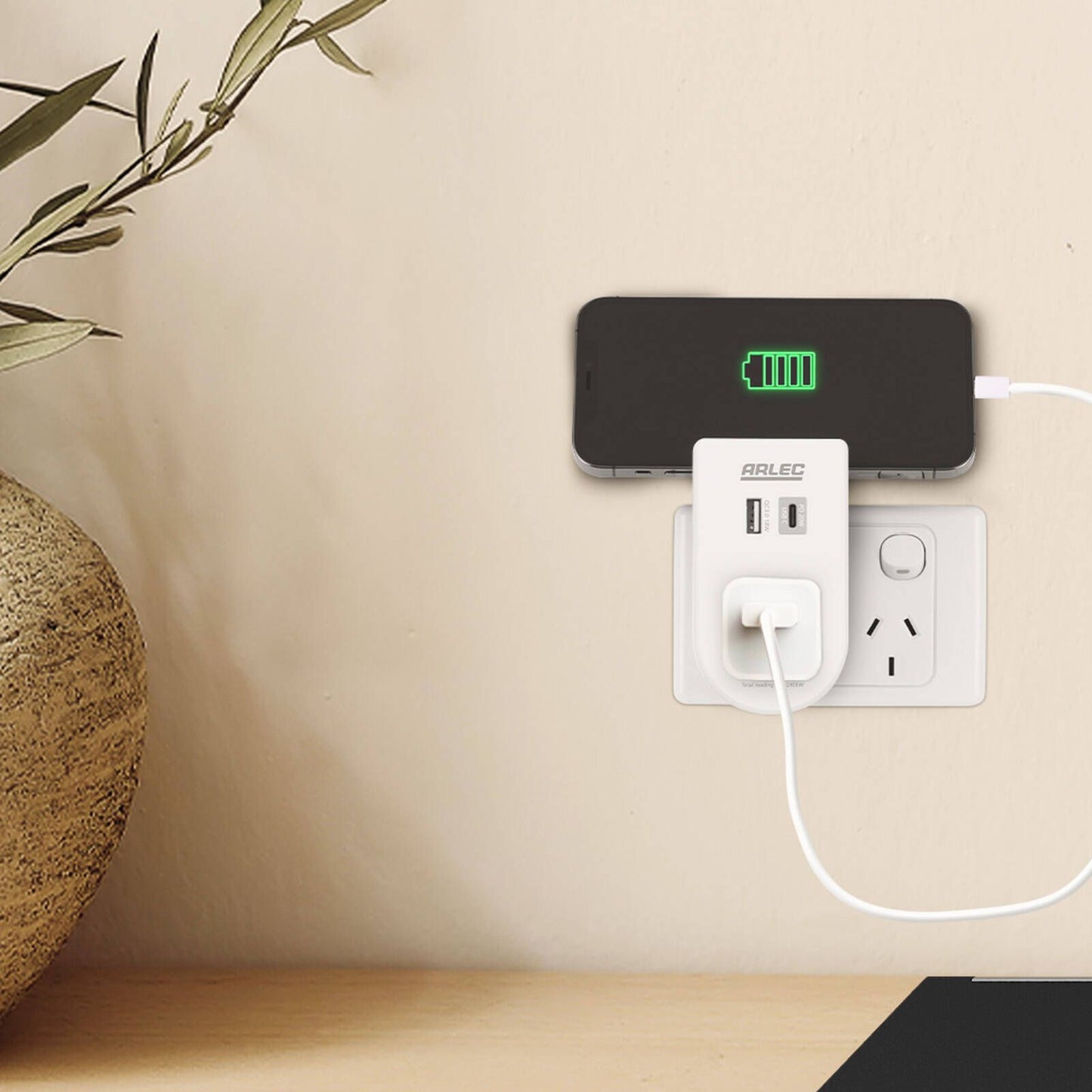 Arlec Power Adaptor with Integrated Phone Mount - 55 x 100 x 70mm