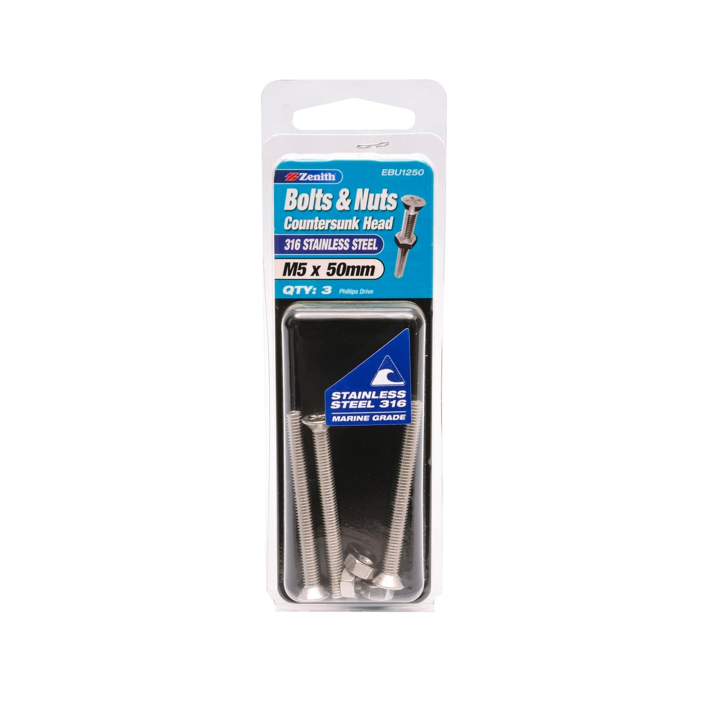 Zenith M5 x 50mm - 316 Stainless Steel Countersunk Head Bolt & Nut - 3 Pack
