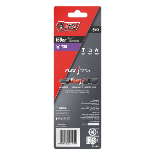 Full Boar Magnetic Impact Torsion Bit T30 x 150mm 5 Pack