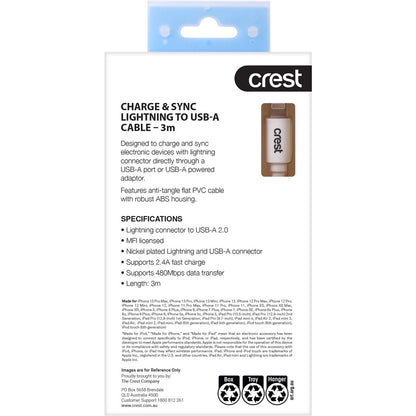 Crest Lightning To Usb-a 3m Flat Cable Each