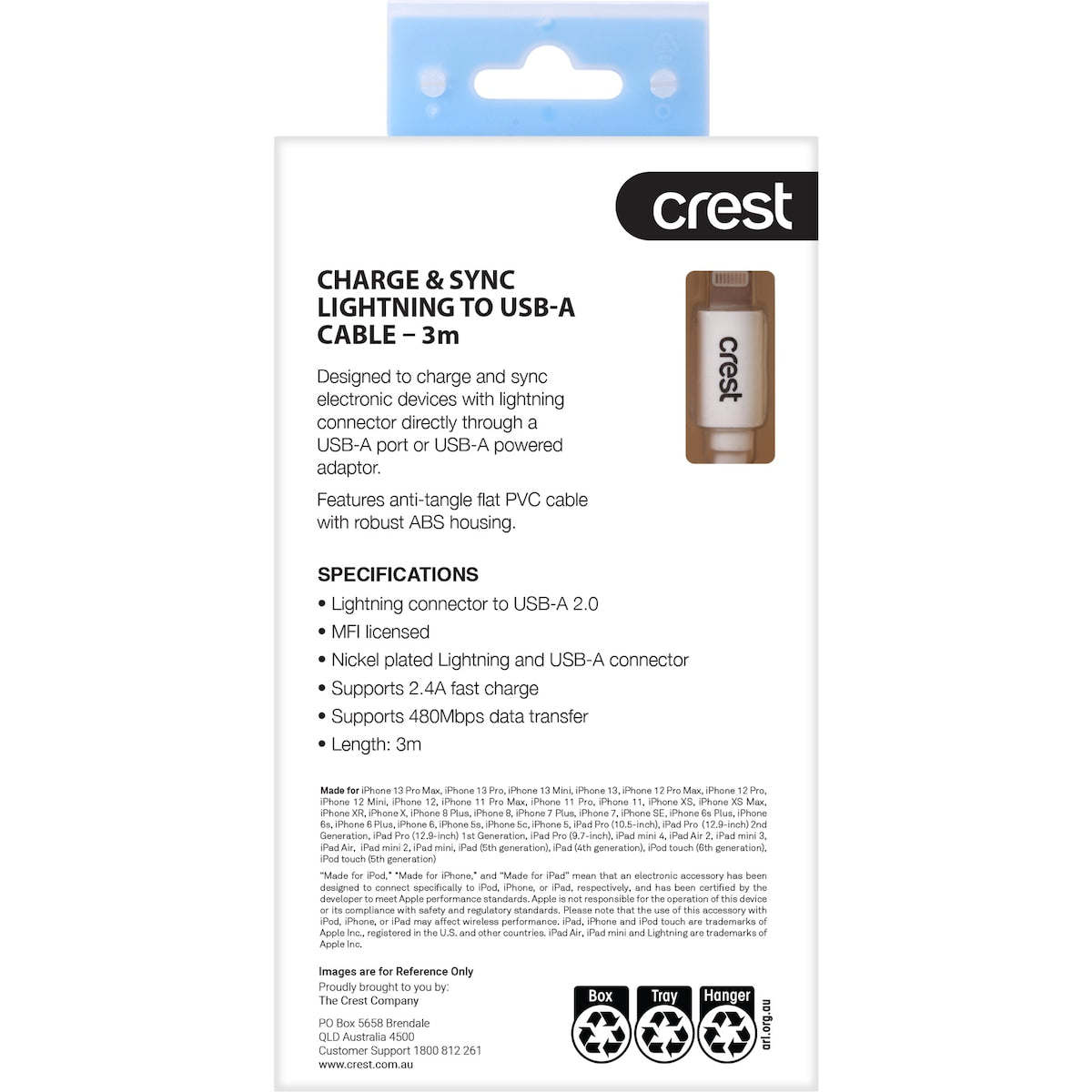Crest Lightning To Usb A Flat Cable White 3m Each