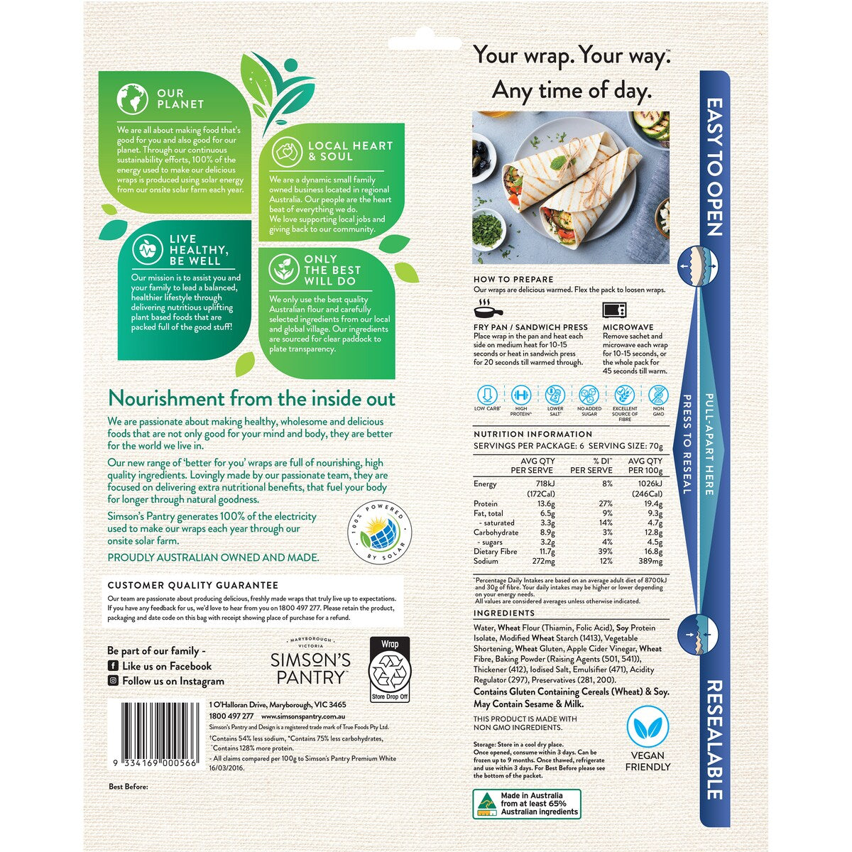 Simsons Pantry Low Carb High Protein + Fibre Large Wraps 6 Pack