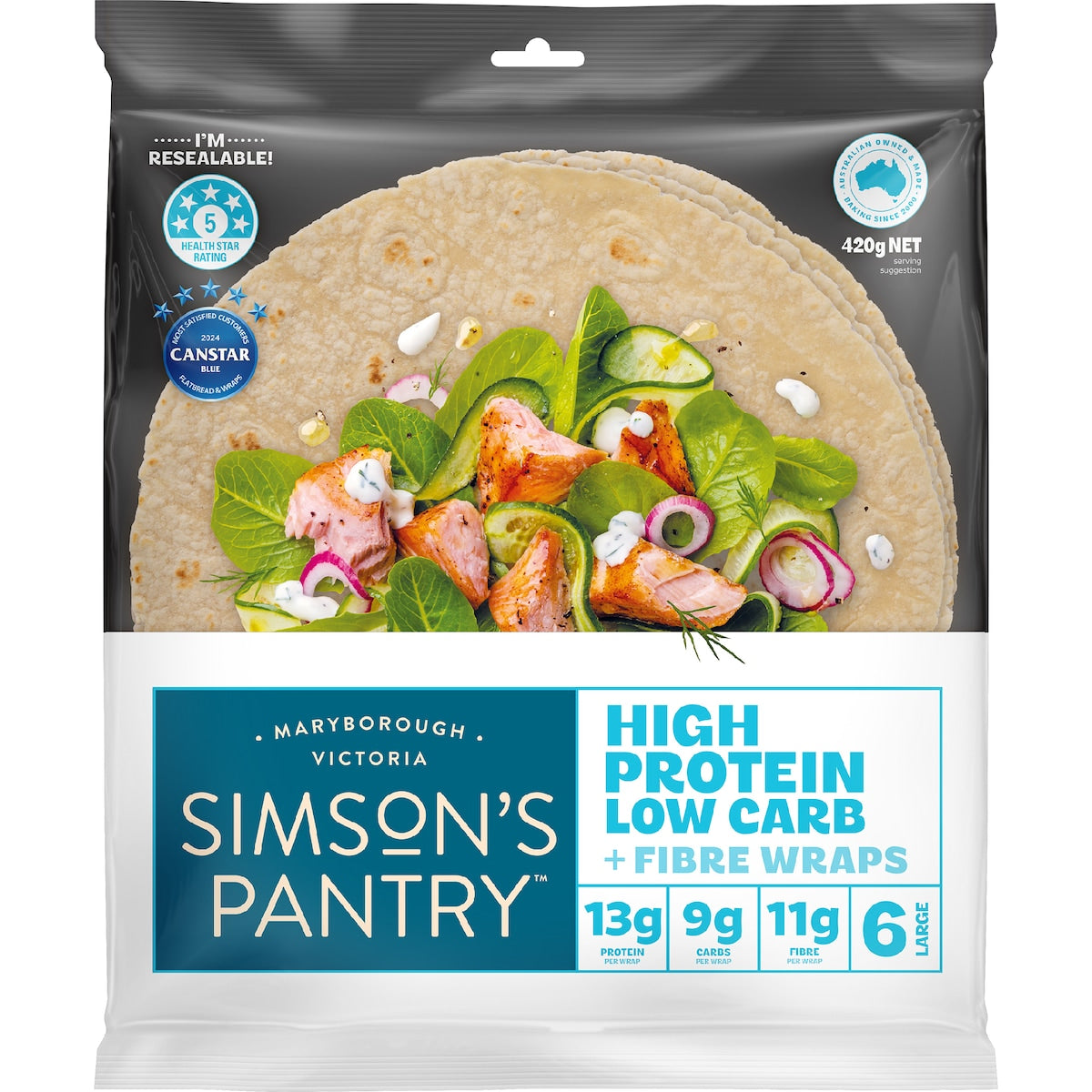 Simsons Pantry Low Carb High Protein + Fibre Large Wraps 6 Pack