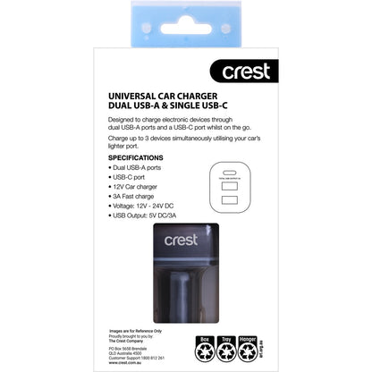 Crest Universal Car Charger Dual Usb-a & Single Usb-c Each
